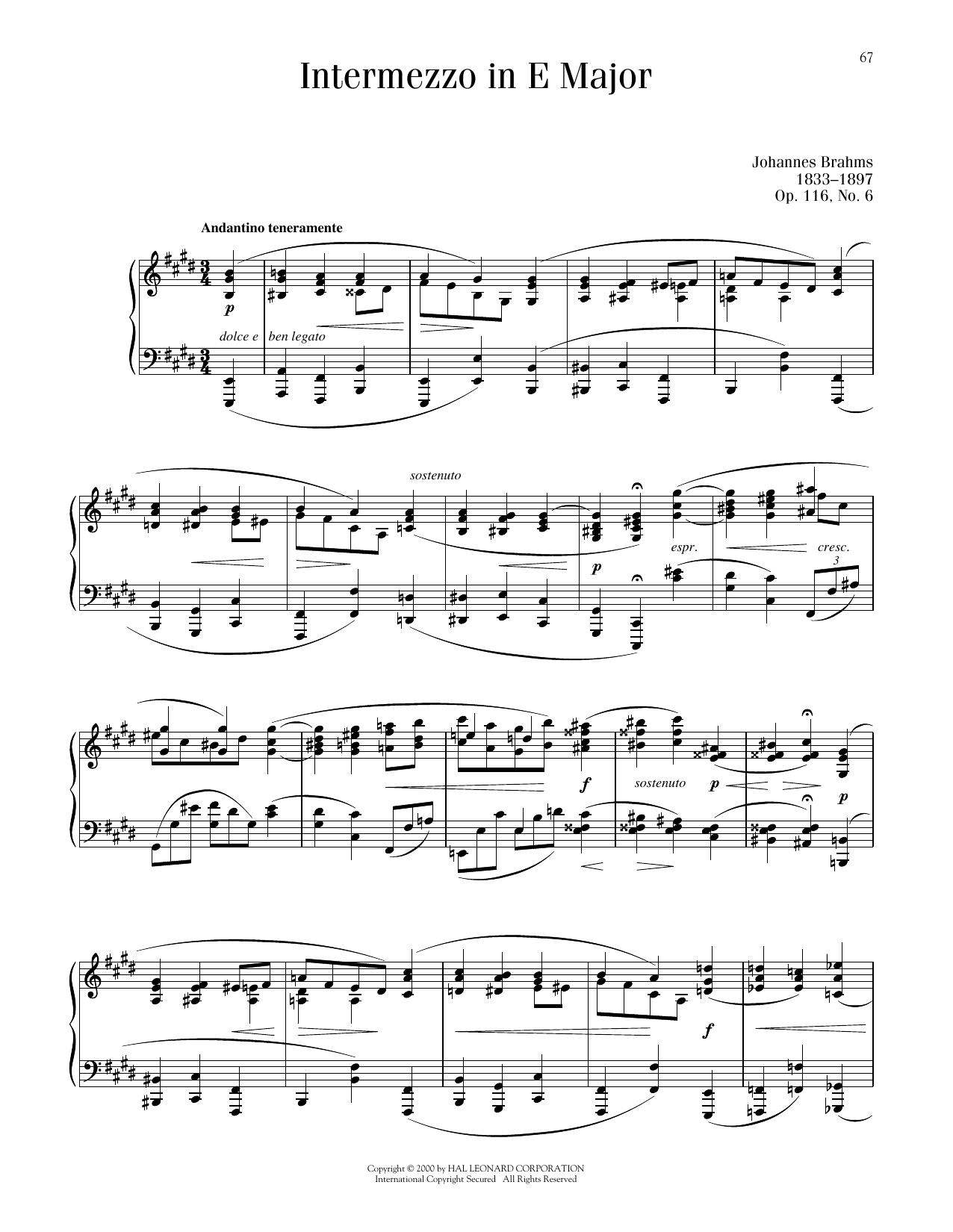 Johannes Brahms Intermezzo In E Major, Op. 116, No. 6 sheet music, chords, lyrics - Printable PDF for Piano Solo