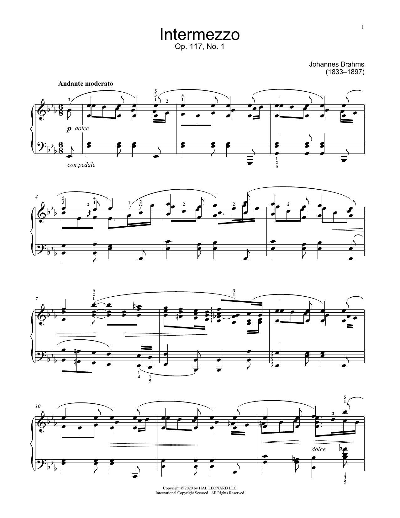 Johannes Brahms Intermezzo, Op. 117, No. 1 sheet music, chords, lyrics - Printable PDF for Educational Piano