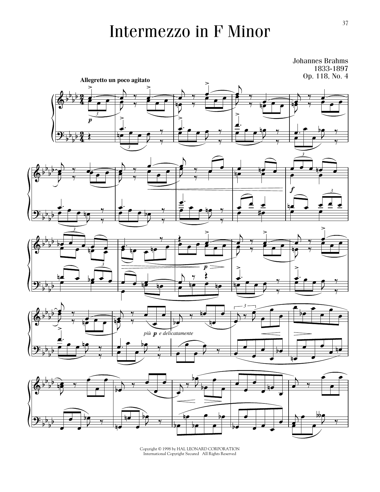 Johannes Brahms Intermezzo, Op. 118, No. 4 sheet music, chords, lyrics - Printable PDF for Piano Solo