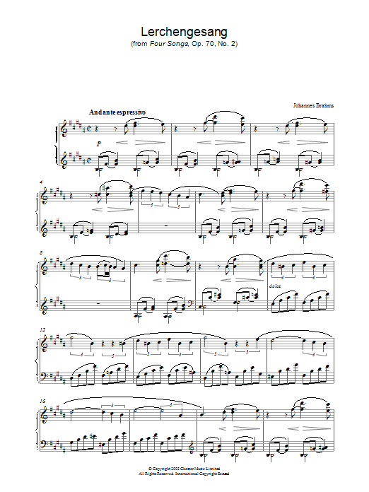 Johannes Brahms Lerchengesang (from Four Songs, Op. 70, No. 2) sheet music, chords, lyrics - Printable PDF for Piano