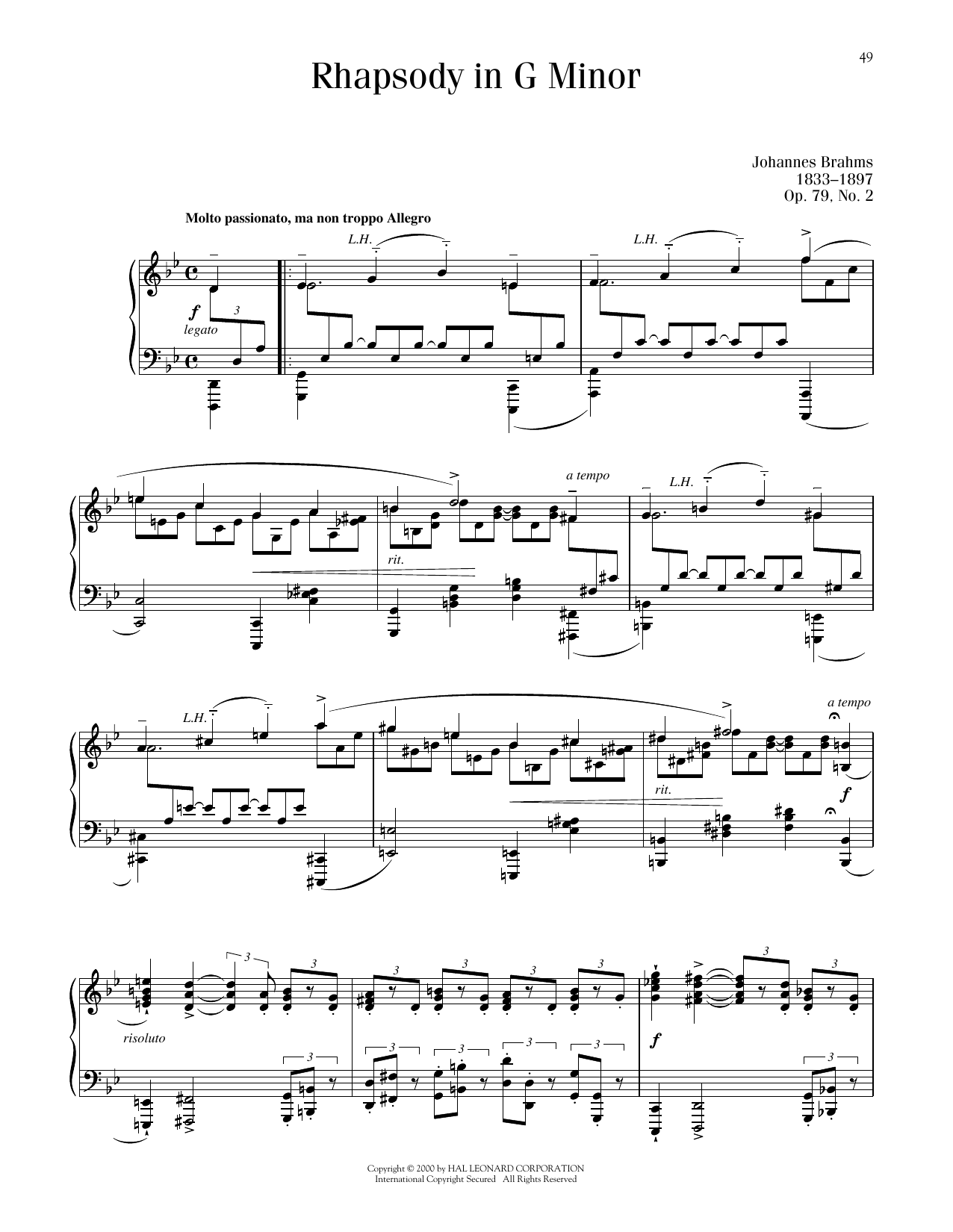 Johannes Brahms Rhapsody In G Minor, Op. 79, No. 2 sheet music, chords, lyrics - Printable PDF for Piano Solo