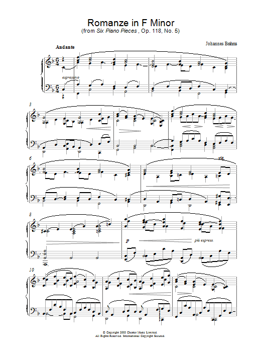 Johannes Brahms Romanze in F Minor (from Six Piano Pieces, Op. 118, No. 5) sheet music, chords, lyrics - Printable PDF for Piano