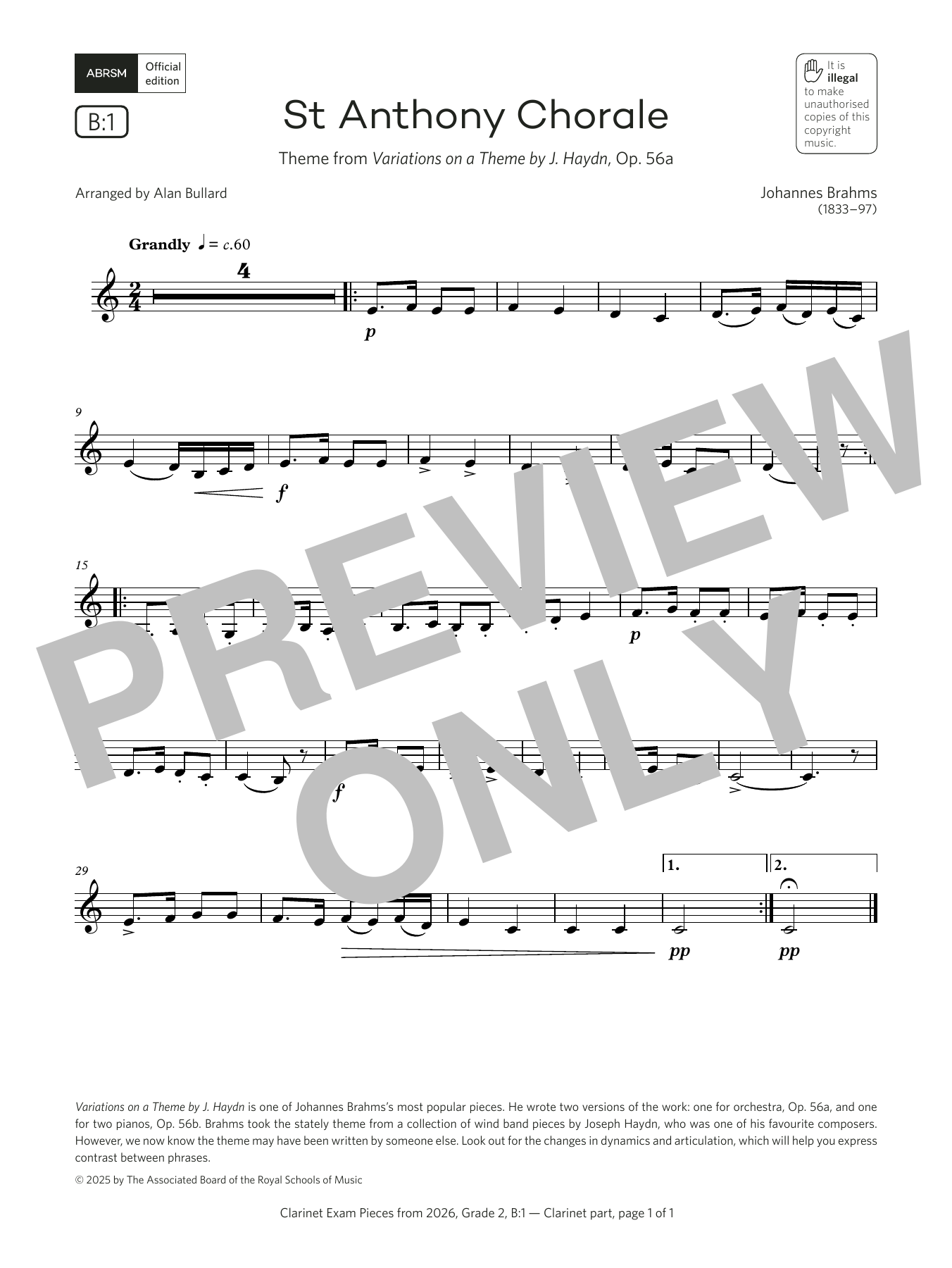 Johannes Brahms St Anthony Chorale (Grade 2, list B1, from the ABRSM Clarinet Syllabus from 2026) sheet music, chords, lyrics - Printable PDF for Clarinet Solo