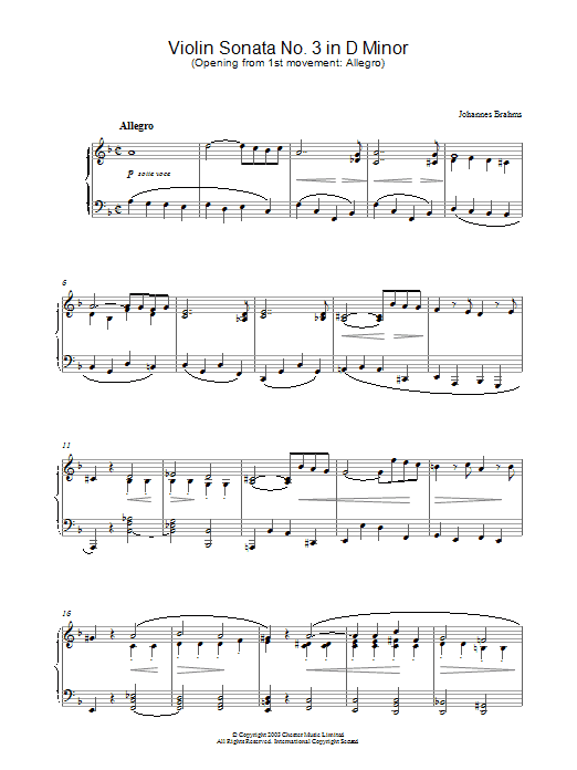 Johannes Brahms Violin Sonata No. 3 in D Minor (Opening from 1st movement: Allegro) sheet music, chords, lyrics - Printable PDF for Piano