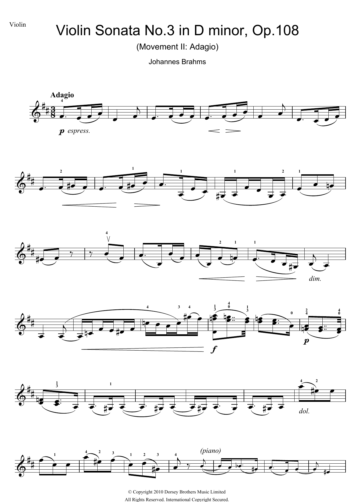 Johannes Brahms Violin Sonata, Op. 108 No. 3 (2nd Movement: Adagio) sheet music, chords, lyrics - Printable PDF for Violin