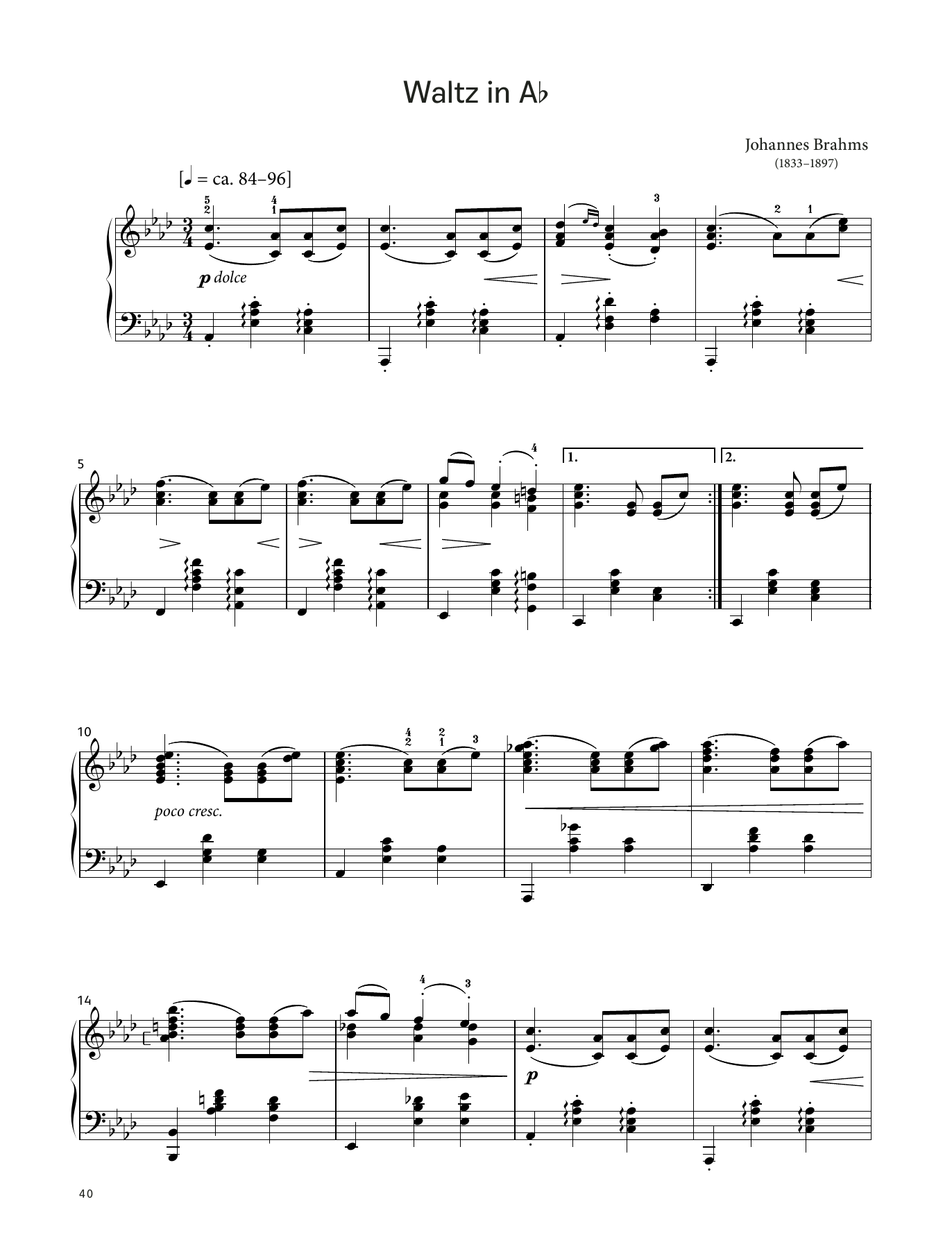 Johannes Brahms Waltz in A‑flat, Op. 39 No. 15 (LCME Piano 2018 Grade 6 List B) sheet music, chords, lyrics - Printable PDF for Piano Solo