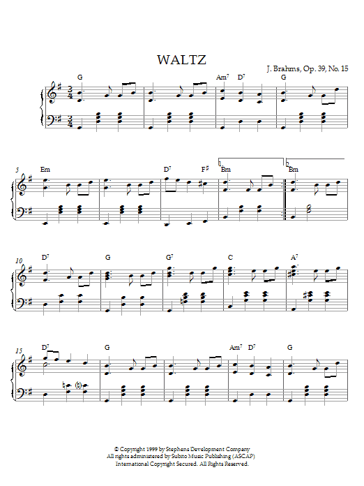 Johannes Brahms Waltz in G Major, Op. 39, No. 15 sheet music, chords, lyrics - Printable PDF for Piano