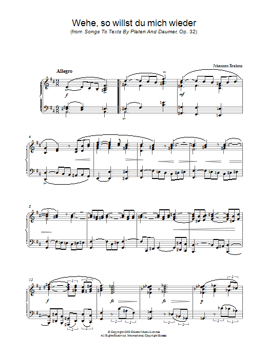 Johannes Brahms Wehe, so willst du mich wieder (from Songs To Texts By Platen And Daumer, Op. 32) sheet music, chords, lyrics - Printable PDF for Piano