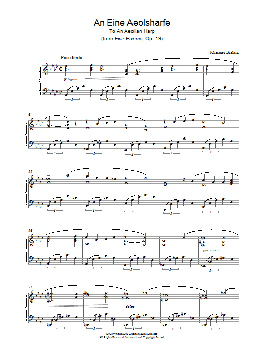 Learn to play Johannes Brahms An Eine Aeolsharfe (from Five Poems, Op. 19) sheet music for Piano in minutes. Johannes Brahms An Eine Aeolsharfe (from Five Poems, Op. 19) sheet music preview music notes and score for Piano including 3 page(s)