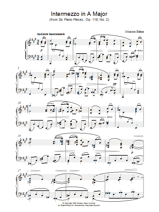 Learn to play Johannes Brahms Intermezzo in A Major (from Six Piano Pieces, Op. 118, No. 2) sheet music for Piano in minutes. Johannes Brahms Intermezzo in A Major (from Six Piano Pieces, Op. 118, No. 2) sheet music preview music notes and score for Piano including 5 page(s)