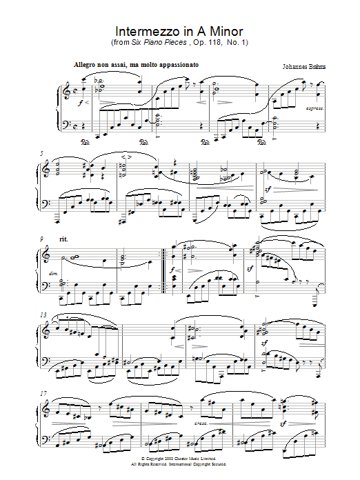 Learn to play Johannes Brahms Intermezzo in A Minor (from Six Piano Pieces, Op. 118, No. 1) sheet music for Piano in minutes. Johannes Brahms Intermezzo in A Minor (from Six Piano Pieces, Op. 118, No. 1) sheet music preview music notes and score for Piano including 2 page(s)