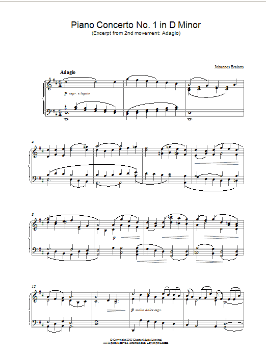 Learn to play Johannes Brahms Piano Concerto No. 1 in D Minor (Excerpt from 2nd movement: Adagio) sheet music for Piano in minutes. Johannes Brahms Piano Concerto No. 1 in D Minor (Excerpt from 2nd movement: Adagio) sheet music preview music notes and score for Piano including 4 page(s)