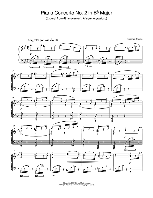 Learn to play Johannes Brahms Piano Concerto No. 2 in B Flat Major (Excerpt from 4th movement: Allegretto grazioso) sheet music for Piano in minutes. Johannes Brahms Piano Concerto No. 2 in B Flat Major (Excerpt from 4th movement: Allegretto grazioso) sheet music notes and chords