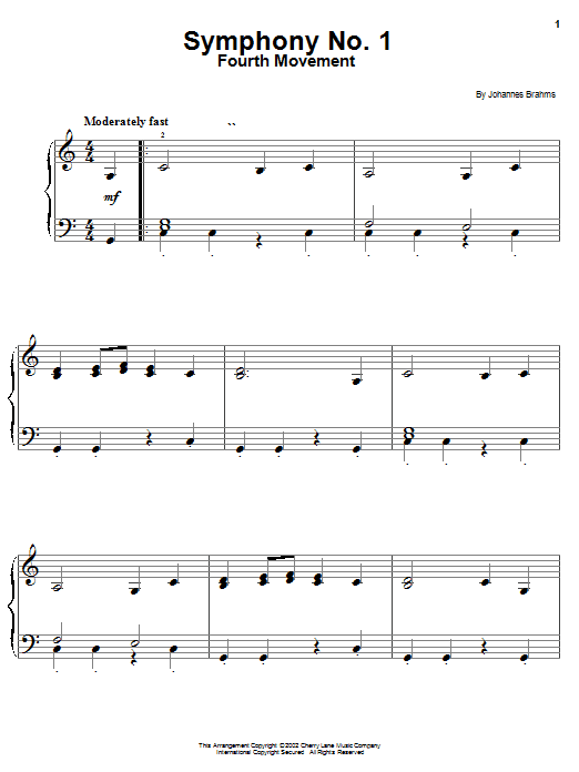 Learn to play Johannes Brahms Symphony No. 1 in C Minor, Fourth Movement Excerpt sheet music for Easy Piano in minutes. Johannes Brahms Symphony No. 1 in C Minor, Fourth Movement Excerpt sheet music notes and chords
