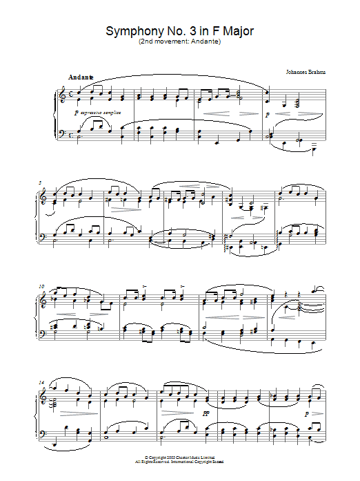 Learn to play Johannes Brahms Symphony No. 3 in F Major (2nd movement: Andante) sheet music for Piano in minutes. Johannes Brahms Symphony No. 3 in F Major (2nd movement: Andante) sheet music preview music notes and score for Piano including 3 page(s)