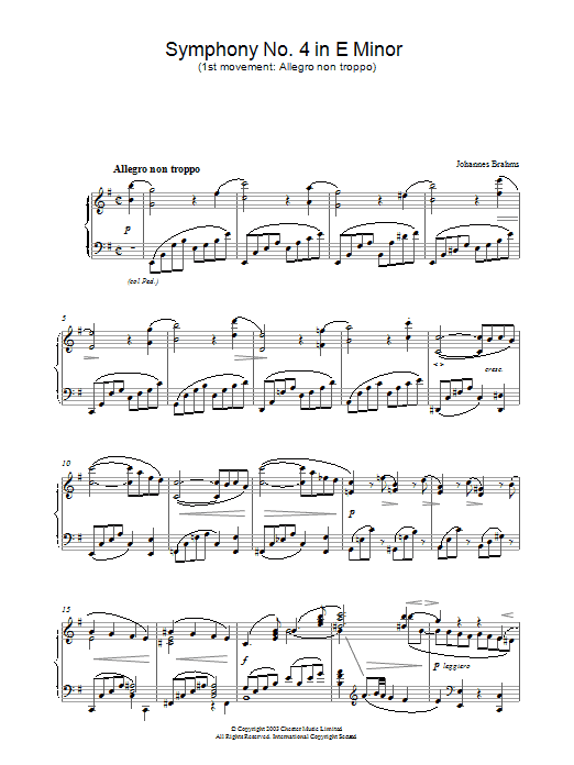Learn to play Johannes Brahms Symphony No. 4 in E Minor (1st movement: Allegro non troppo) sheet music for Piano in minutes. Johannes Brahms Symphony No. 4 in E Minor (1st movement: Allegro non troppo) sheet music preview music notes and score for Piano including 3 page(s)