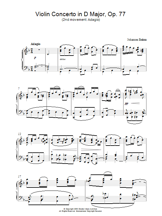 Learn to play Johannes Brahms Violin Concerto in D Major, Op. 77 (2nd movement: Adagio) sheet music for Piano in minutes. Johannes Brahms Violin Concerto in D Major, Op. 77 (2nd movement: Adagio) sheet music preview music notes and score for Piano including 2 page(s)