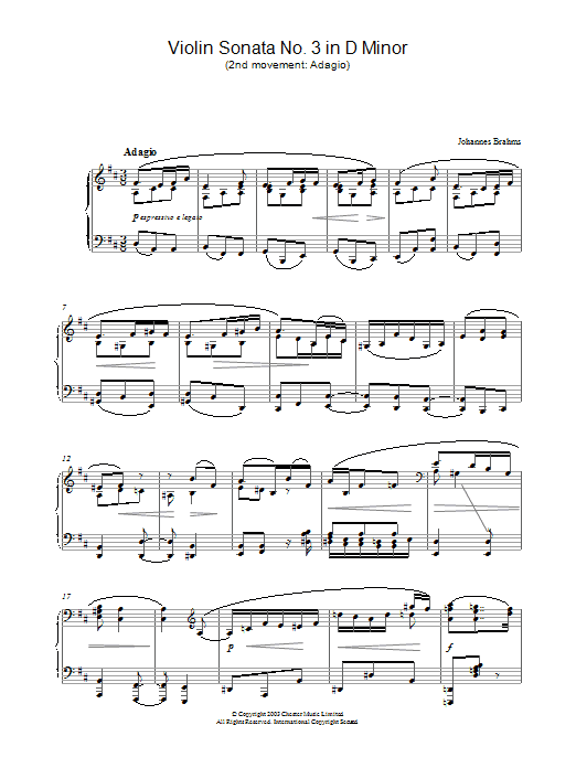 Learn to play Johannes Brahms Violin Sonata No. 3 in D Minor (2nd movement: Adagio) sheet music for Piano in minutes. Johannes Brahms Violin Sonata No. 3 in D Minor (2nd movement: Adagio) sheet music preview music notes and score for Piano including 3 page(s)