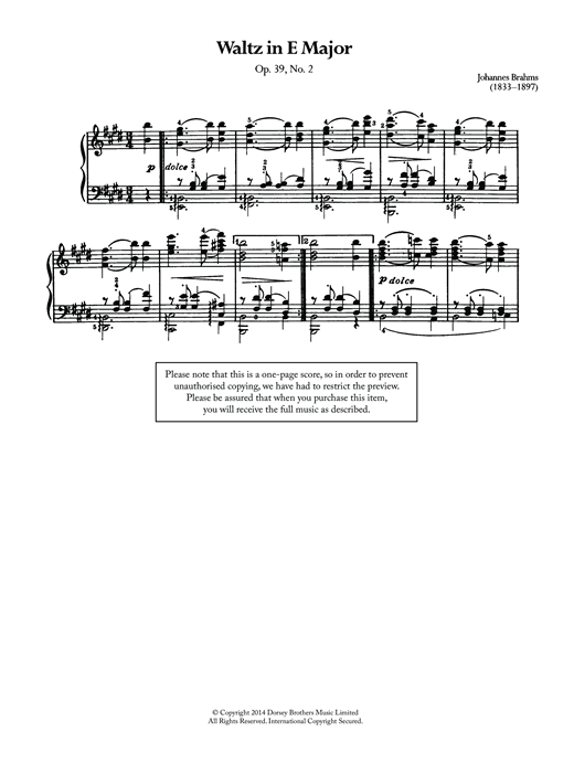 Learn to play Johannes Brahms Waltz In E Major, Op.39 No.2 sheet music for Piano in minutes. Johannes Brahms Waltz In E Major, Op.39 No.2 sheet music preview music notes and score for Piano including 2 page(s)