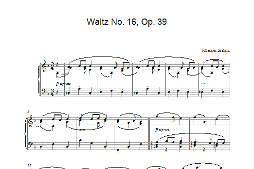 Learn to play Johannes Brahms Waltz No. 16, Op. 39 sheet music for Piano in minutes. Johannes Brahms Waltz No. 16, Op. 39 sheet music preview music notes and score for Piano including 2 page(s)