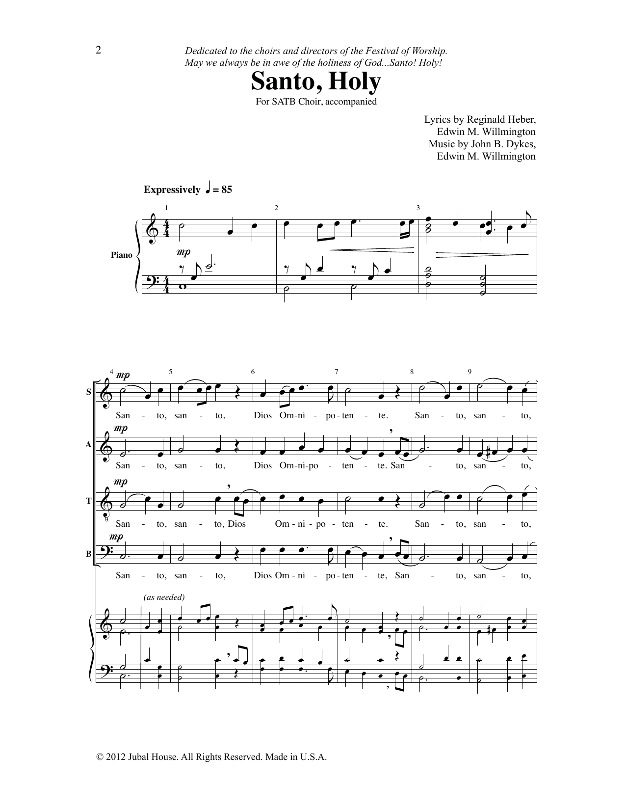 John B. Dykes & Edwin M. Willmington Santo, Holy sheet music, chords, lyrics - Printable PDF for SATB Choir