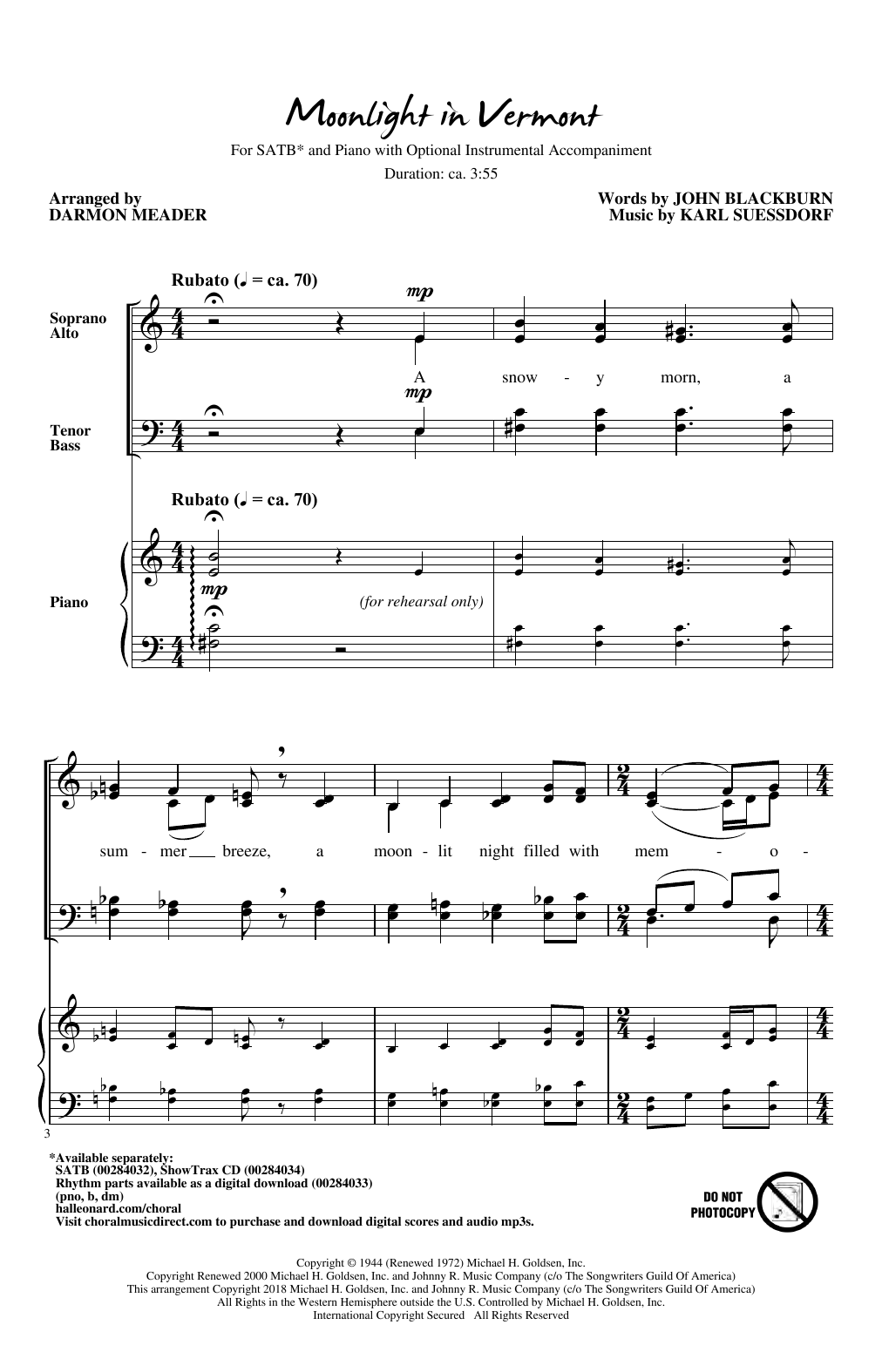 John Blackburn & Karl Suessdorf Moonlight in Vermont (arr. Darmon Meader) sheet music, chords, lyrics - Printable PDF for SATB Choir