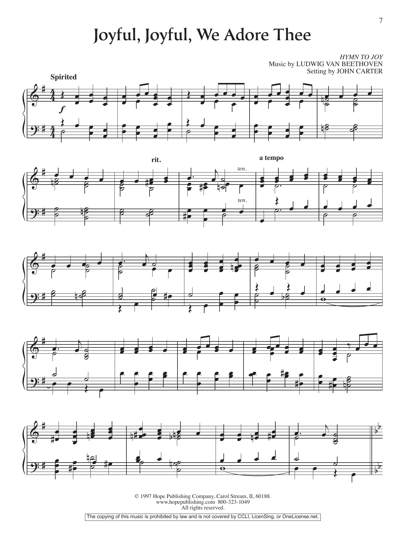 John Carter Joyful, Joyful, We Adore Thee sheet music, chords, lyrics - Printable PDF for Piano Solo