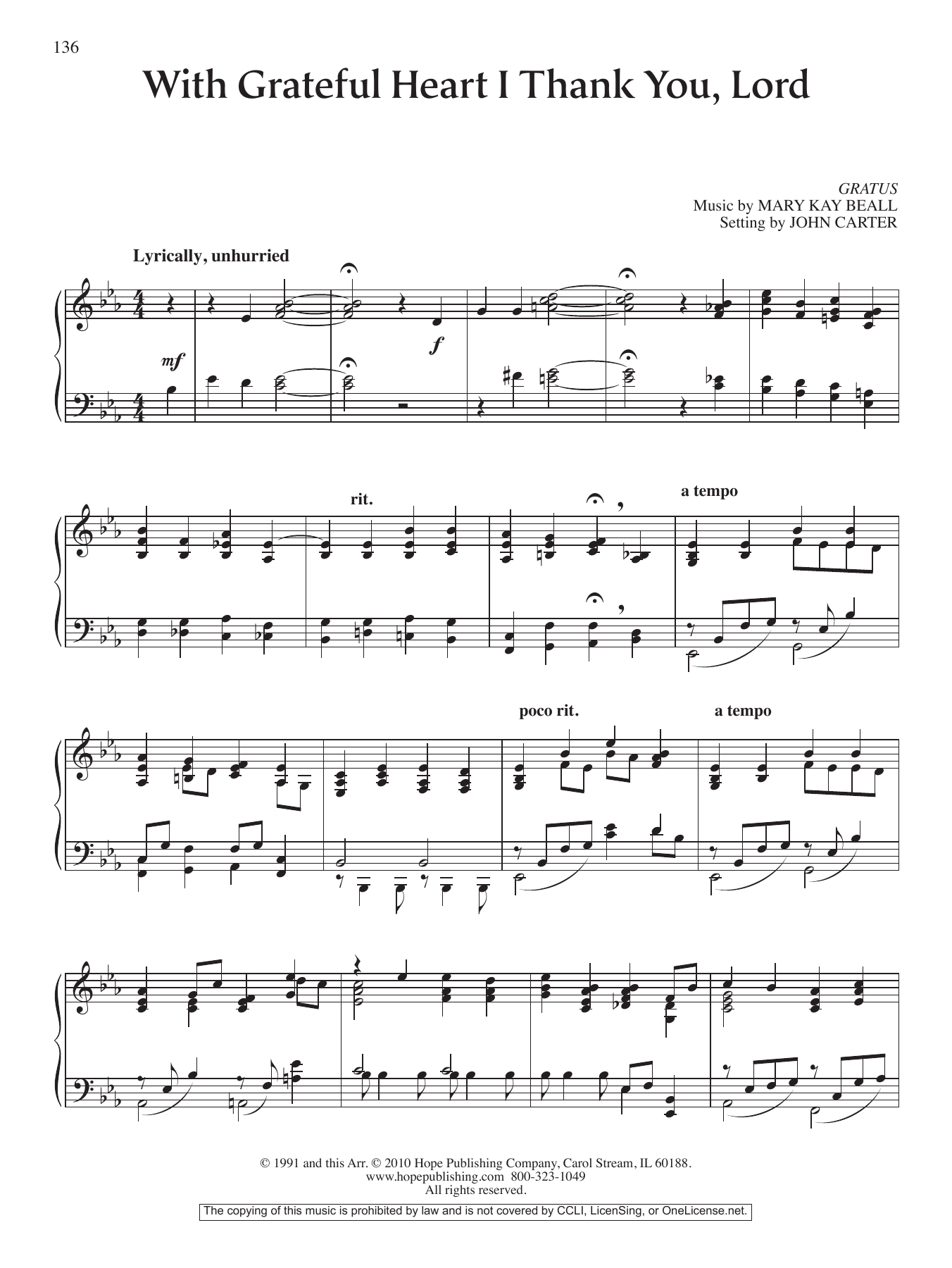 John Carter With Grateful Heart I Thank You, Lord sheet music, chords, lyrics - Printable PDF for Piano Solo