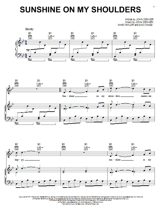 Download John Denver Sunshine On My Shoulders sheet music notes and chords for Piano, Vocal & Guitar (Right-Hand Melody) - Download Printable PDF and start playing in minutes.