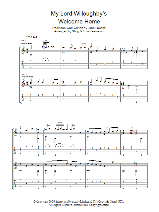 Sting My Lord Willoughby's Welcome Home sheet music, chords, lyrics - Printable PDF for Guitar Tab