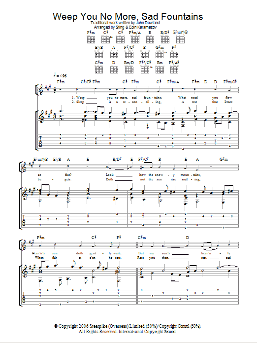 Sting Weep You No More, Sad Fountains sheet music, chords, lyrics - Printable PDF for Guitar Tab