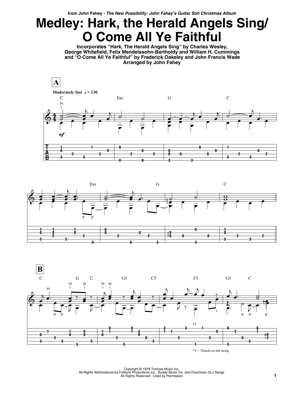John Fahey Hark, The Herald Angels Sing / O Come All Ye Faithful - Medley sheet music, chords, lyrics - Printable PDF for Guitar Tab
