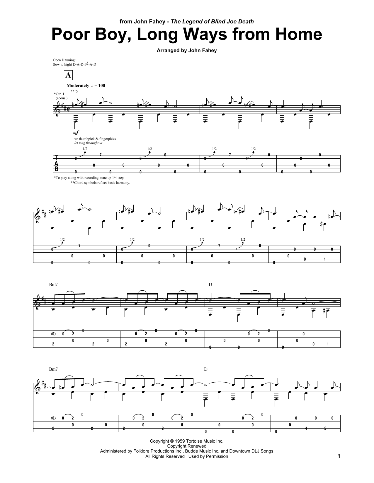 John Fahey Poor Boy, Long Ways From Home sheet music, chords, lyrics - Printable PDF for Guitar Tab
