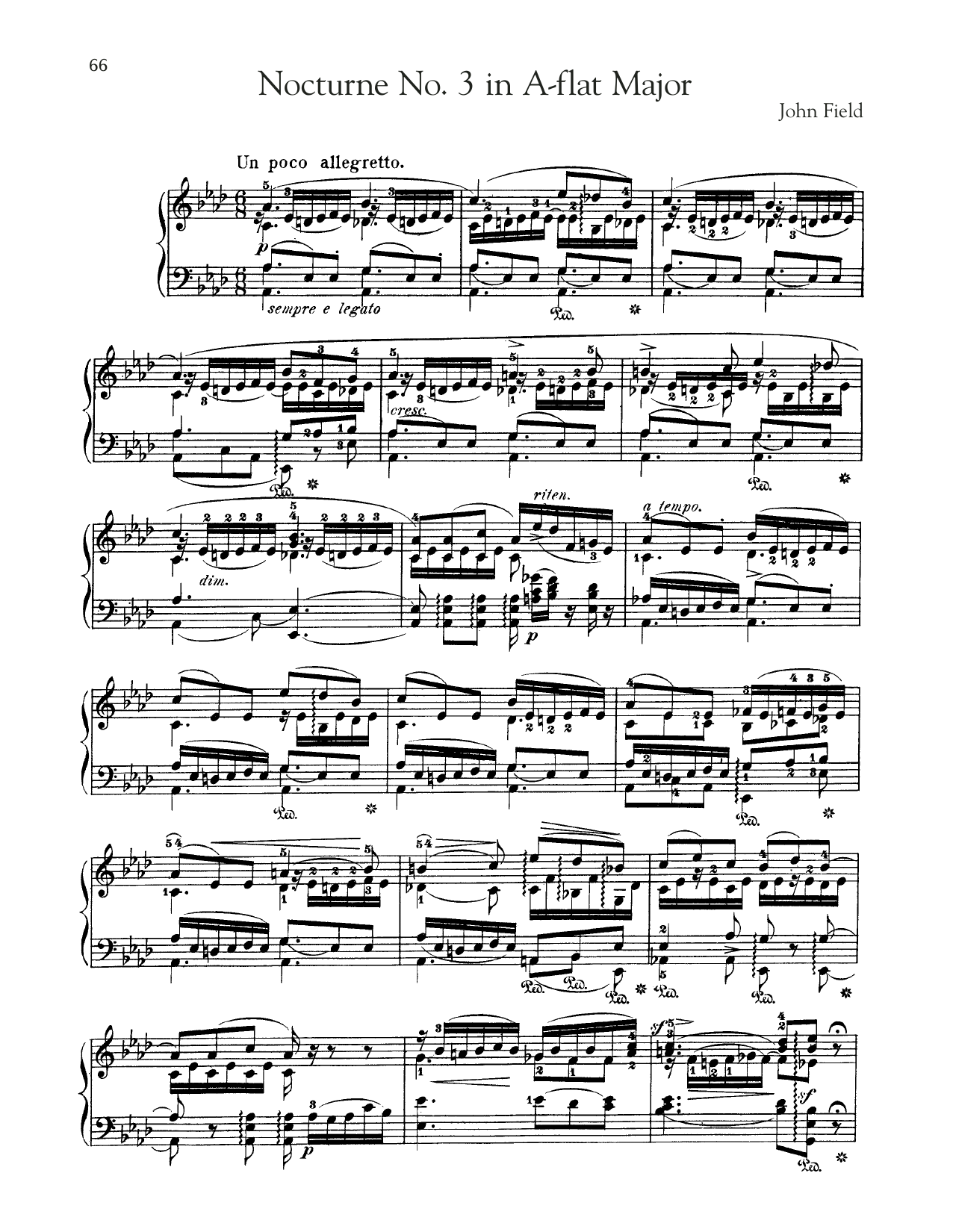 John Field Nocturne No. 3 In A-Flat Major, H. 26 sheet music, chords, lyrics - Printable PDF for Piano Solo