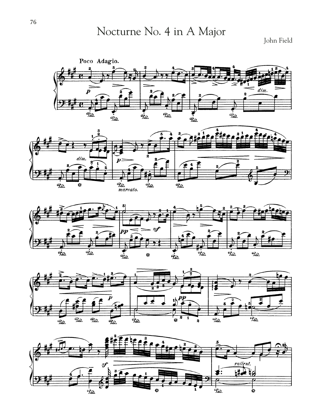 John Field Nocturne No. 4 In A Major, H. 36 sheet music, chords, lyrics - Printable PDF for Piano Solo