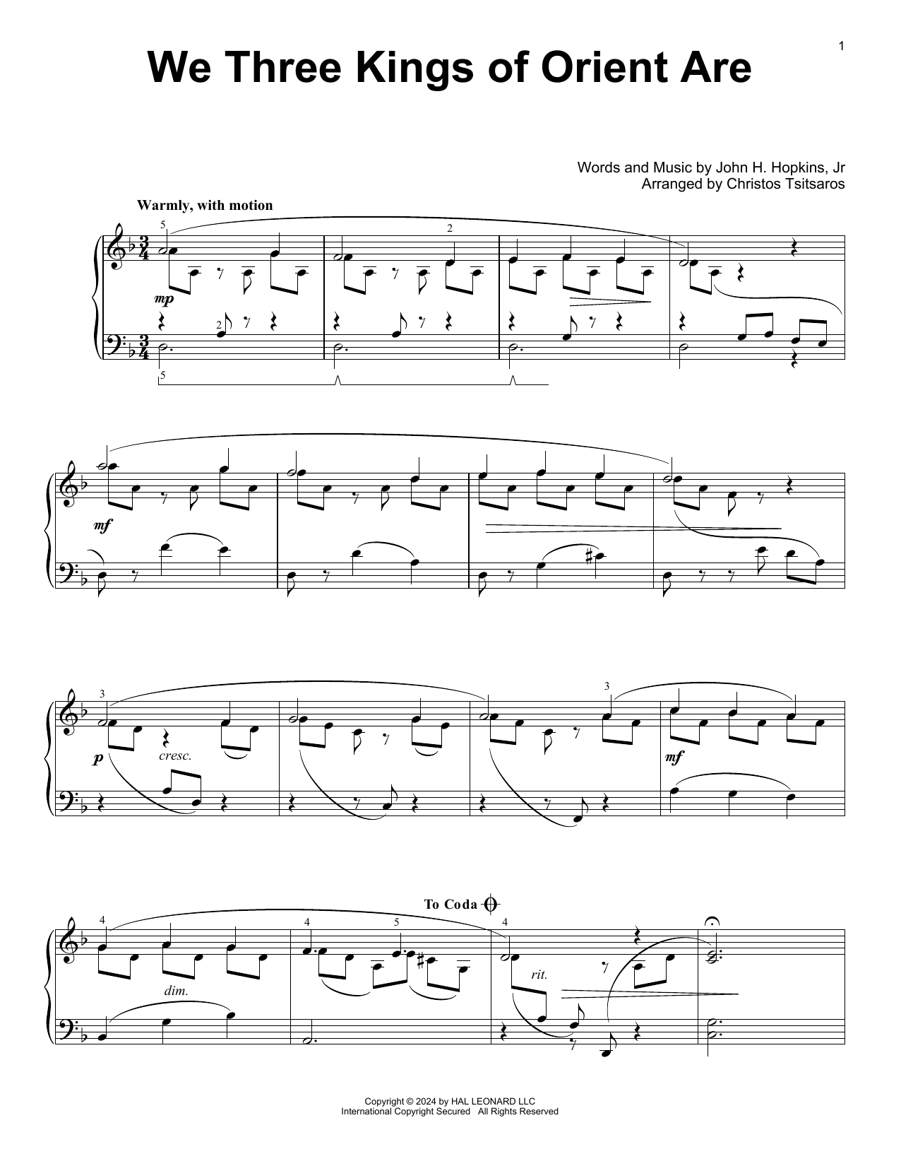 John H. Hopkins, Jr. We Three Kings Of Orient Are (arr. Christos Tsitsaros) sheet music, chords, lyrics - Printable PDF for Easy Piano Solo