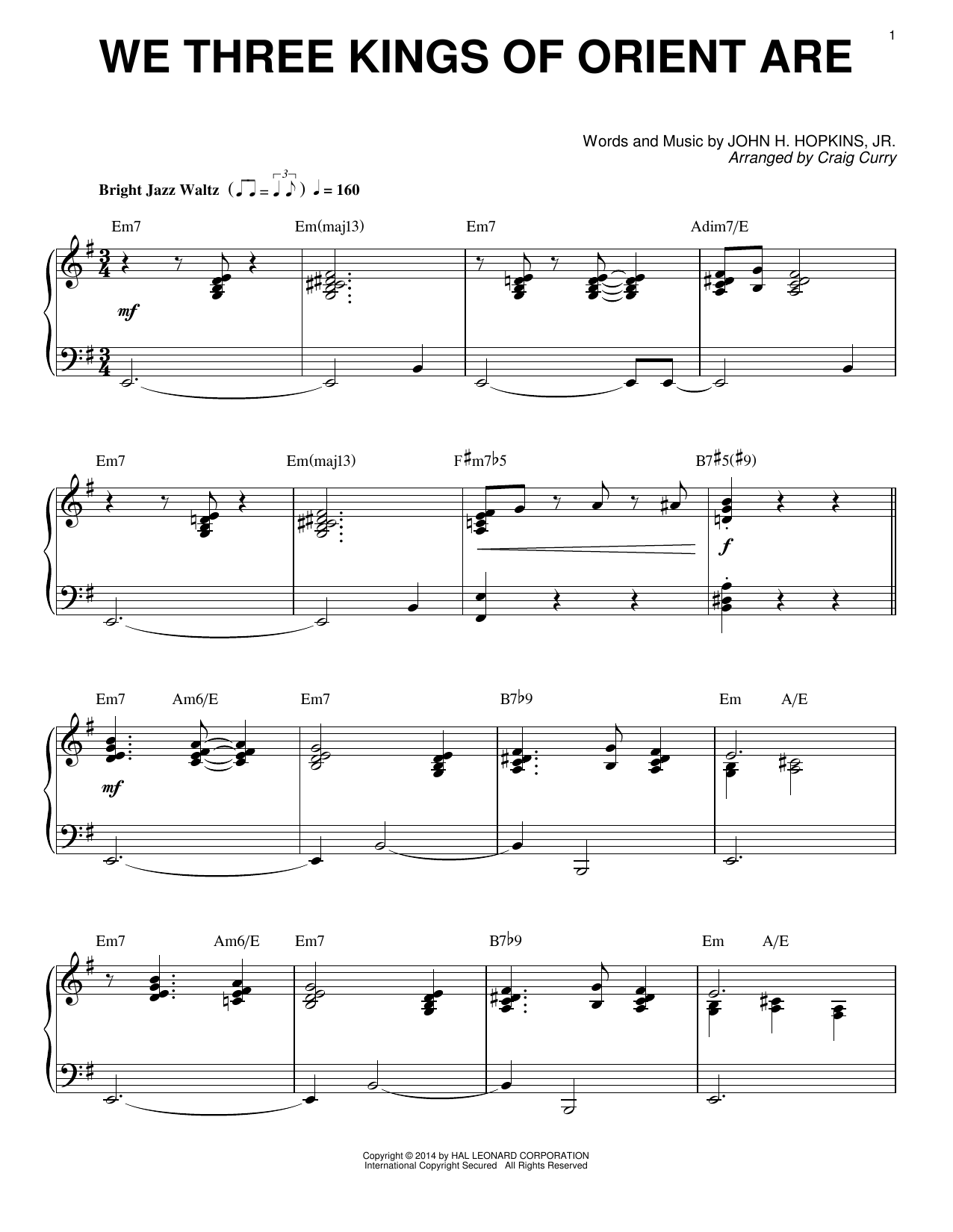 Craig Curry We Three Kings Of Orient Are sheet music, chords, lyrics - Printable PDF for Piano