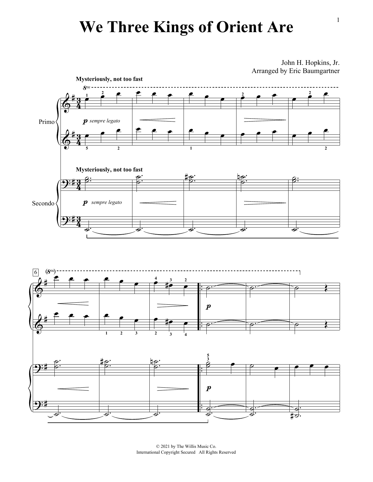 John H. Hopkins, Jr. We Three Kings Of Orient Are (arr. Eric Baumgartner) sheet music, chords, lyrics - Printable PDF for Piano Duet