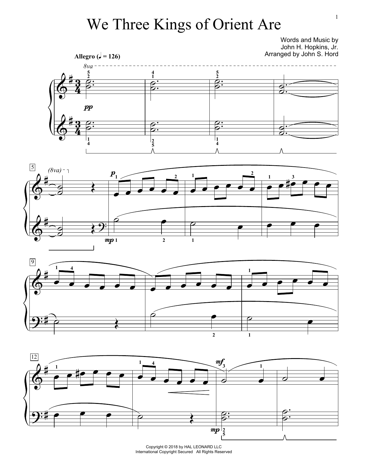 John H. Hopkins, Jr. We Three Kings Of Orient Are (arr. John S. Hord) sheet music, chords, lyrics - Printable PDF for Educational Piano