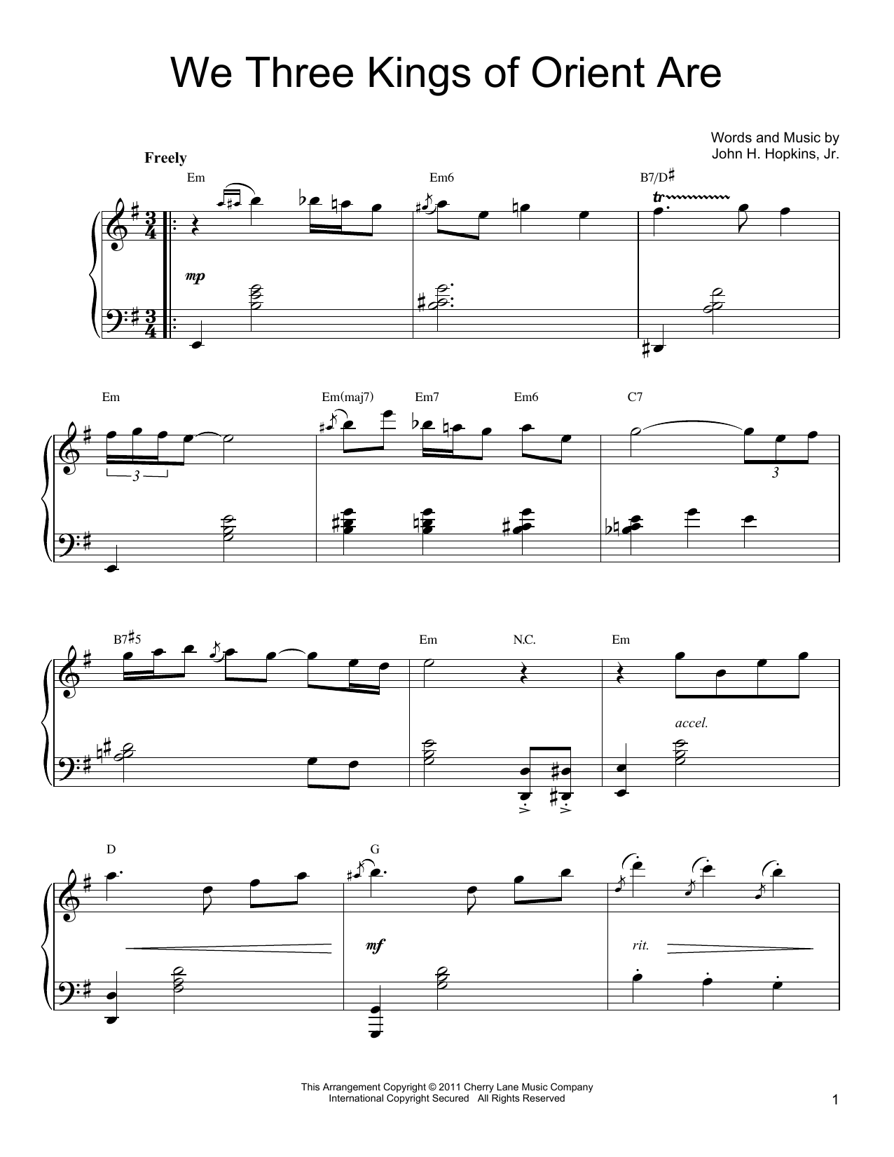 John H. Hopkins, Jr. We Three Kings Of Orient Are sheet music, chords, lyrics - Printable PDF for Piano