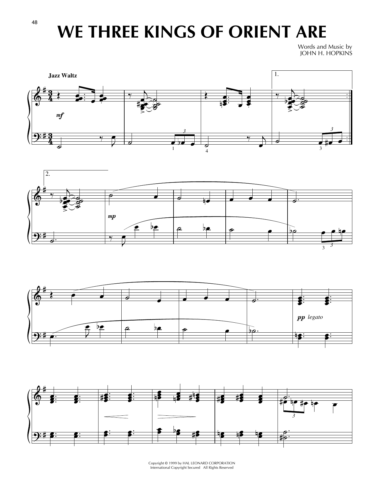 John H. Hopkins, Jr. We Three Kings Of Orient Are [Jazz version] (arr. Frank Mantooth) sheet music, chords, lyrics - Printable PDF for Piano Solo