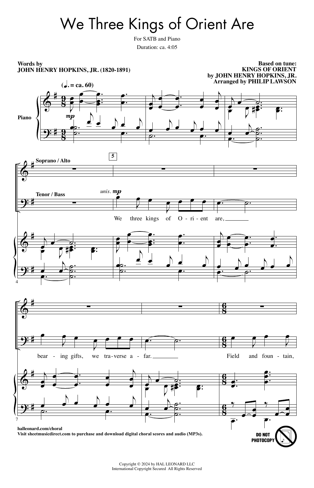 John Henry Hopkins, Jr. We Three Kings Of Orient Are (arr. Philip Lawson) sheet music, chords, lyrics - Printable PDF for SATB Choir