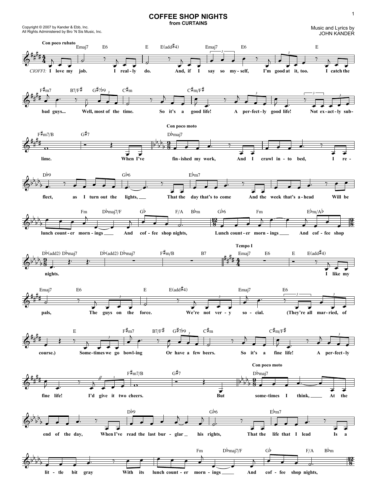 John Kander Coffee Shop Nights sheet music, chords, lyrics - Printable PDF for Melody Line, Lyrics & Chords