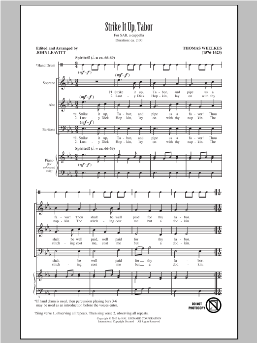 Thomas Weelkes Strike It Up, Tabor (arr. John Leavitt) sheet music, chords, lyrics - Printable PDF for SAB