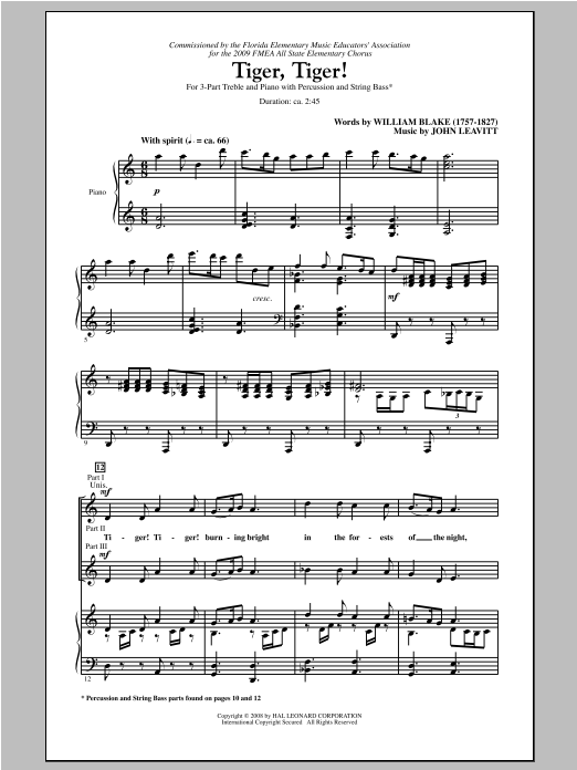 John Leavitt Tiger, Tiger! sheet music, chords, lyrics - Printable PDF for 3-Part Treble