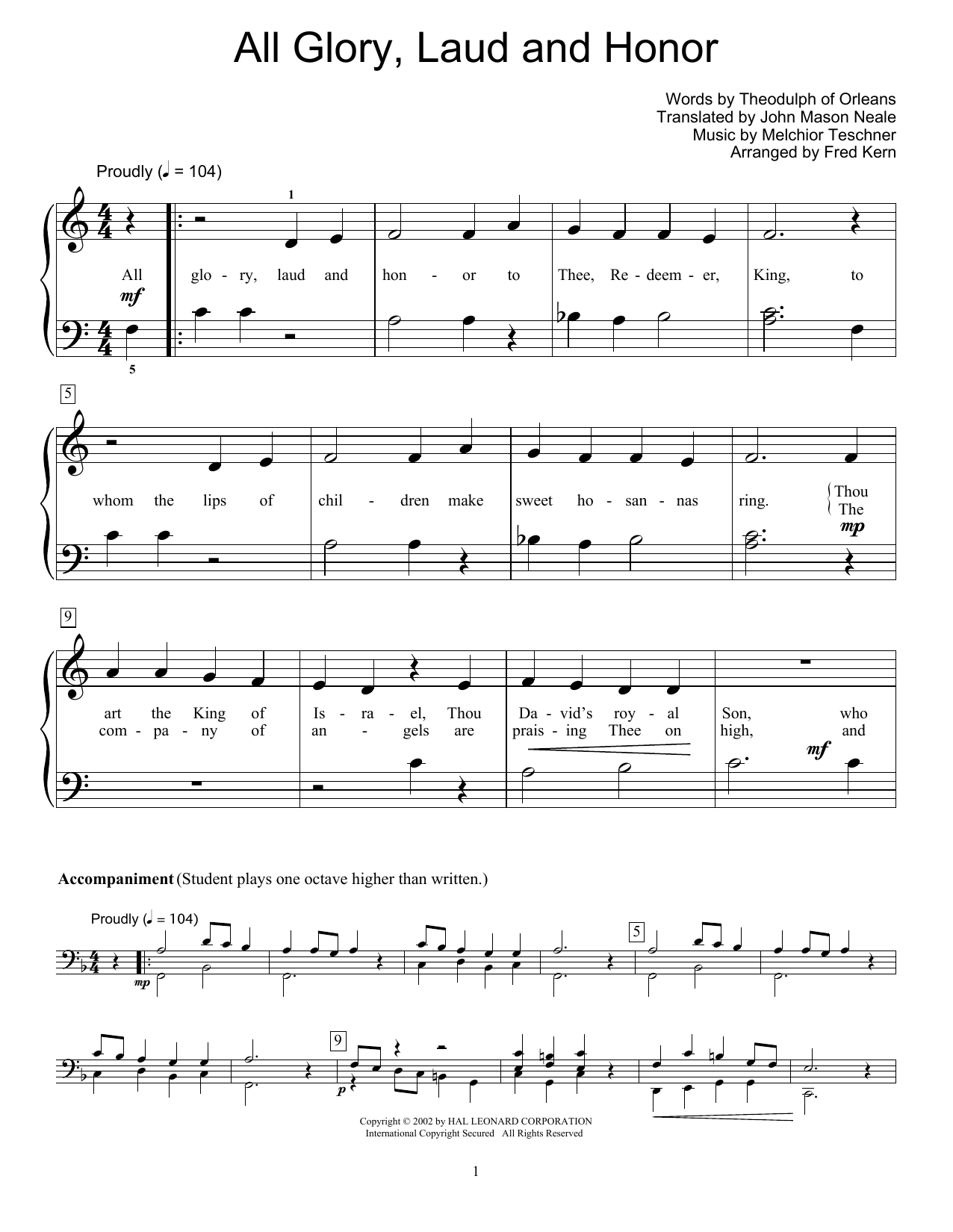 Fred Kern All Glory, Laud And Honor sheet music, chords, lyrics - Printable PDF for Educational Piano