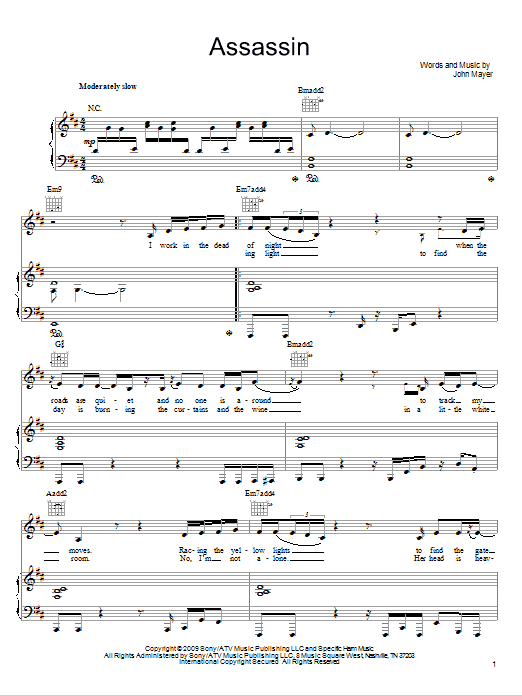 Download John Mayer Assassin sheet music notes and chords for Easy Guitar - Download Printable PDF and start playing in minutes.