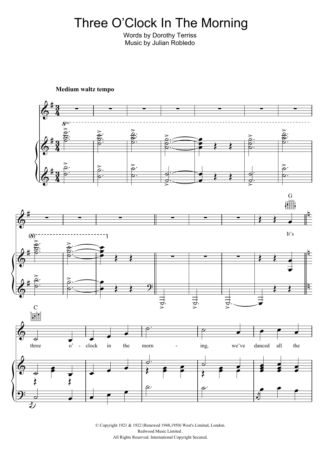 John McCormack Three O'Clock In The Morning sheet music, chords, lyrics - Printable PDF for Piano, Vocal & Guitar (Right-Hand Melody)