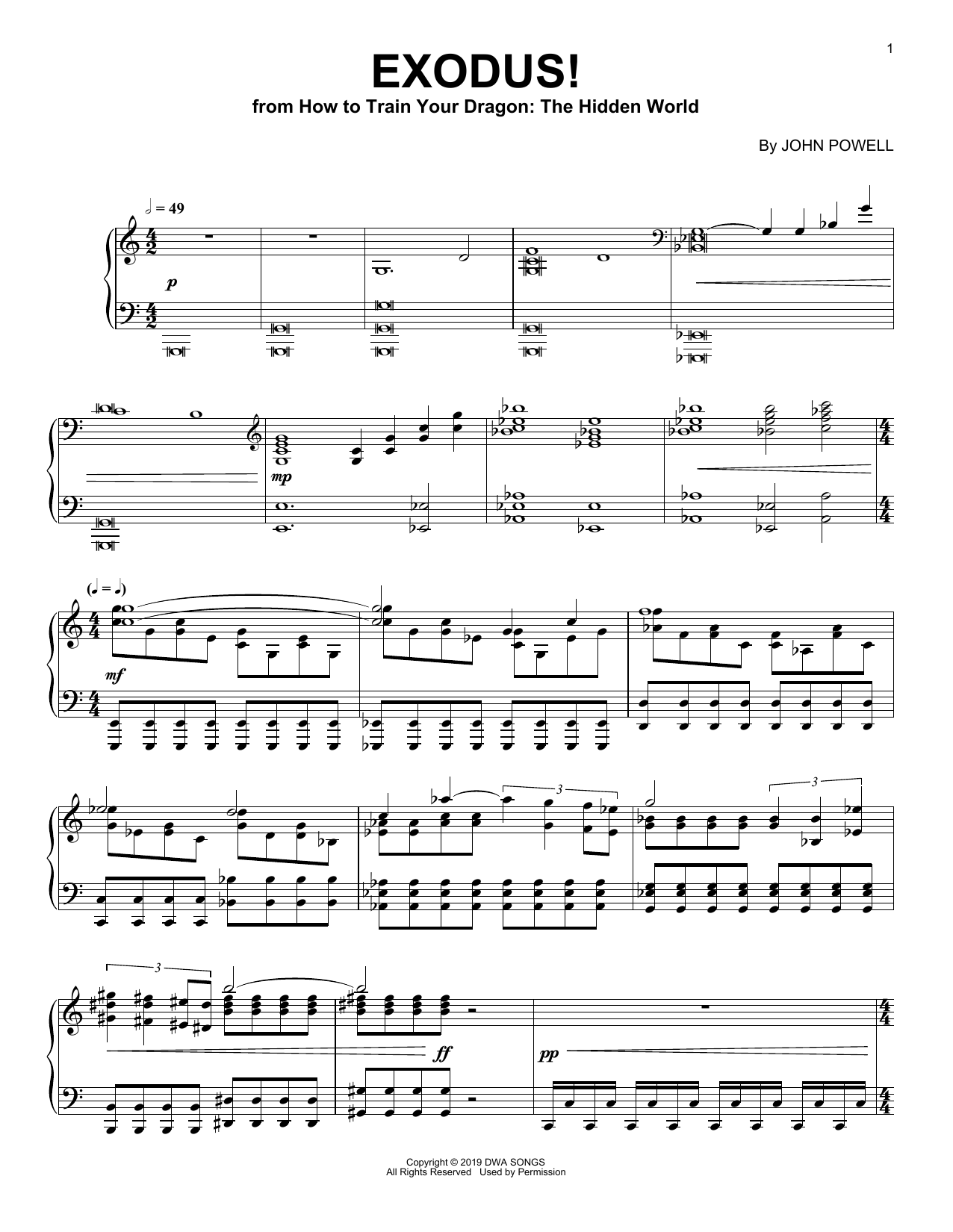 John Powell Exodus! (from How to Train Your Dragon: The Hidden World) sheet music, chords, lyrics - Printable PDF for Piano Solo