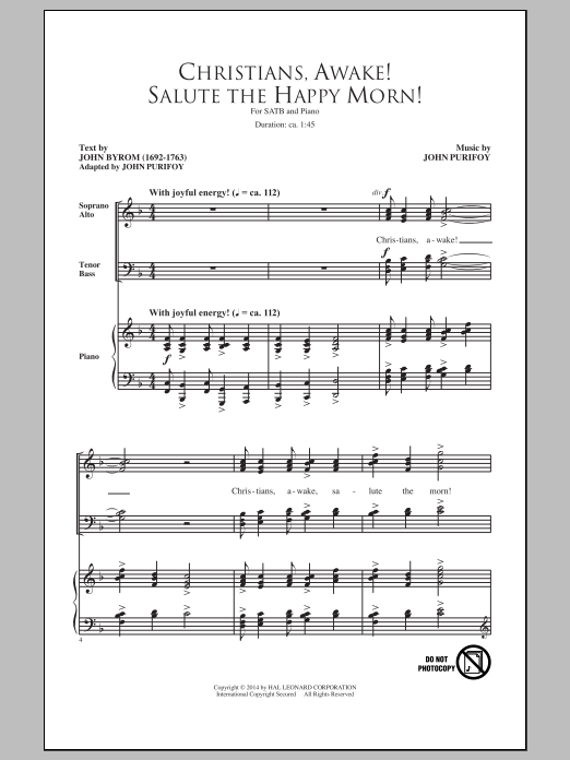 John Purifoy Christians, Awake! Salute The Happy Morn sheet music, chords, lyrics - Printable PDF for SATB